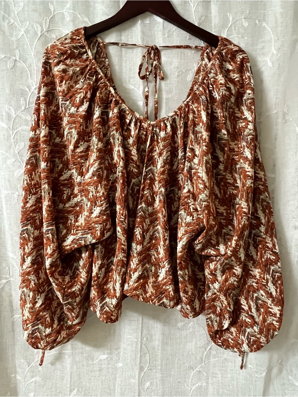 Maverick Women’s Boho Tie-Back Peasant Top in Rust Cream Size Medium